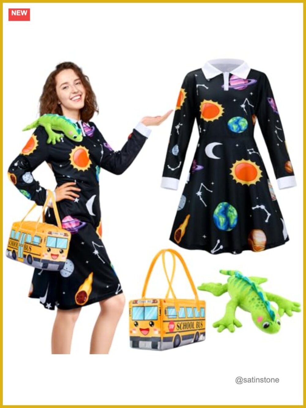 Women's Long Sleeve Halloween Teacher Costume Dress with School Bus Bag